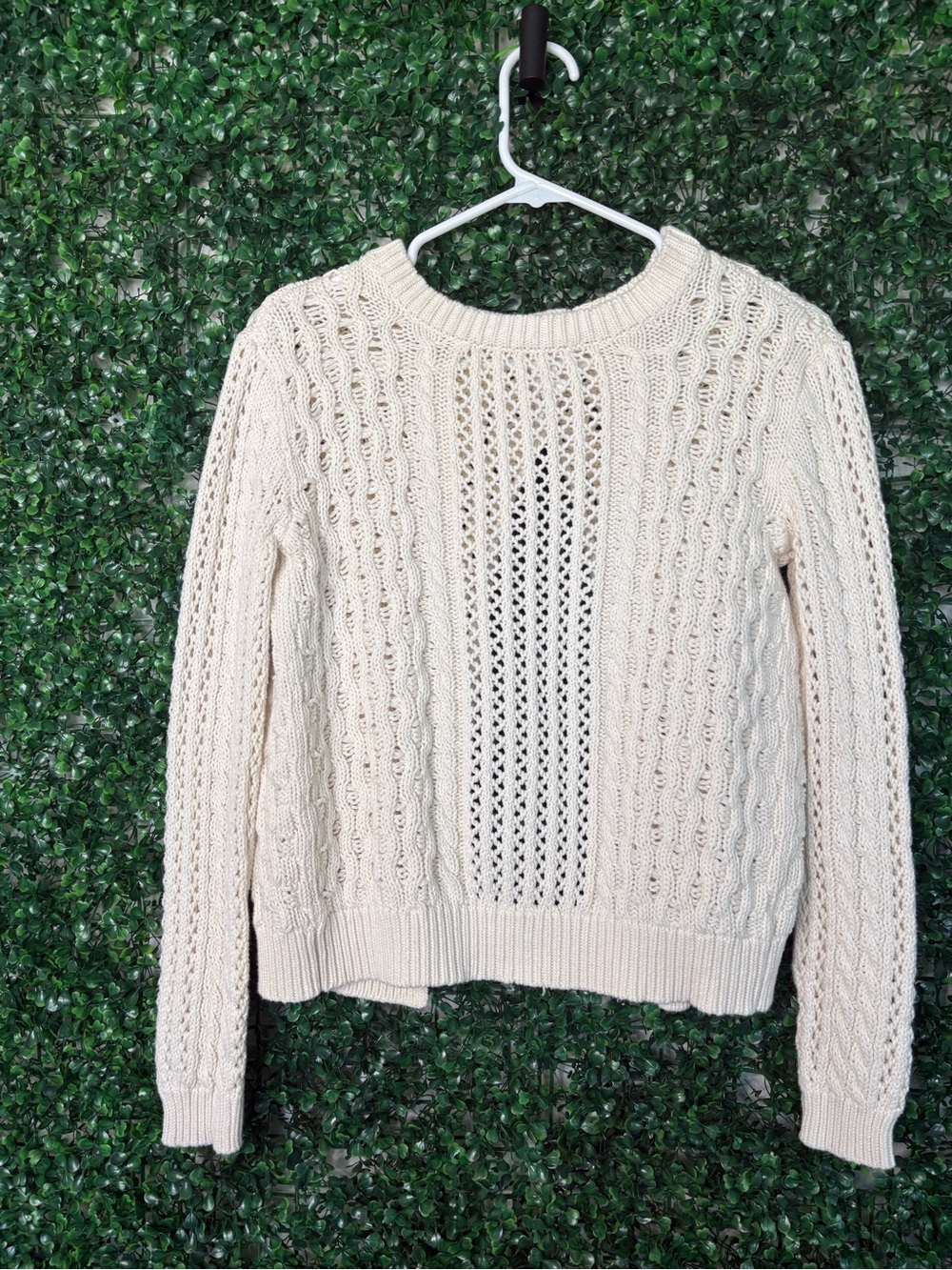 Bethany Mota Cream Cable Knit Crewneck Sweater with open back